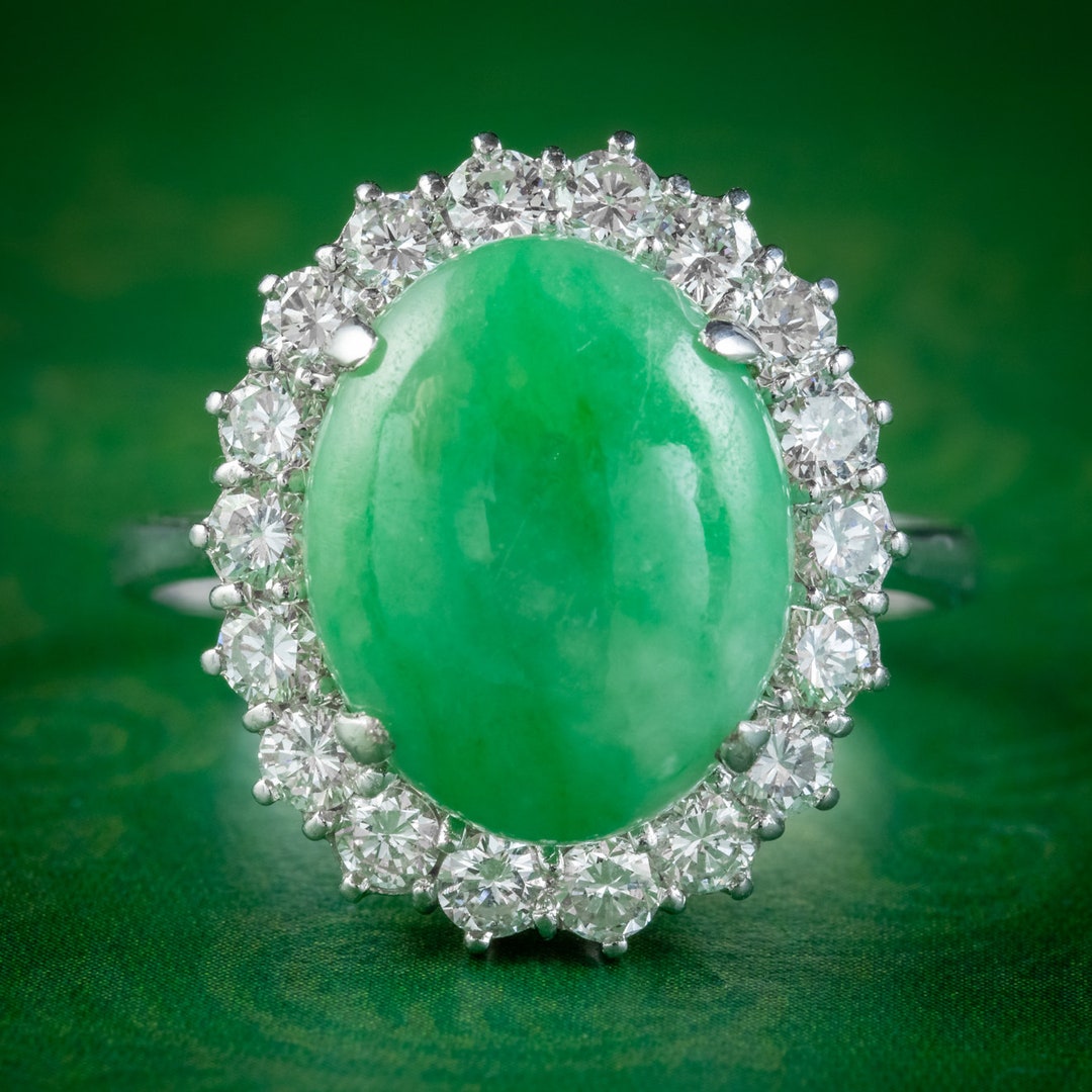 Vintage Jade Diamond Cluster Ring 18ct White Gold 8ct Jade