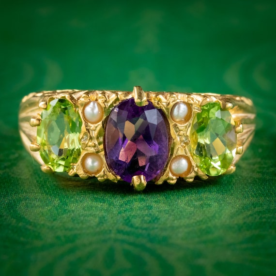 Edwardian Suffragette Style Ring Amethyst Peridot Pearl