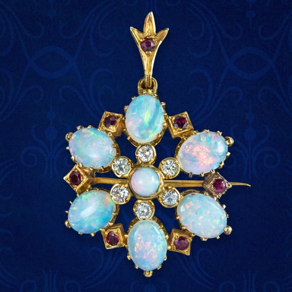 Victorian 18ct Gold Bar Brooch with a Heart Shaped Opal with Diamond and Emerald