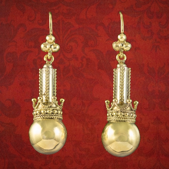 Antique Victorian Ball And Crown Drop Earrings 15… - image 1
