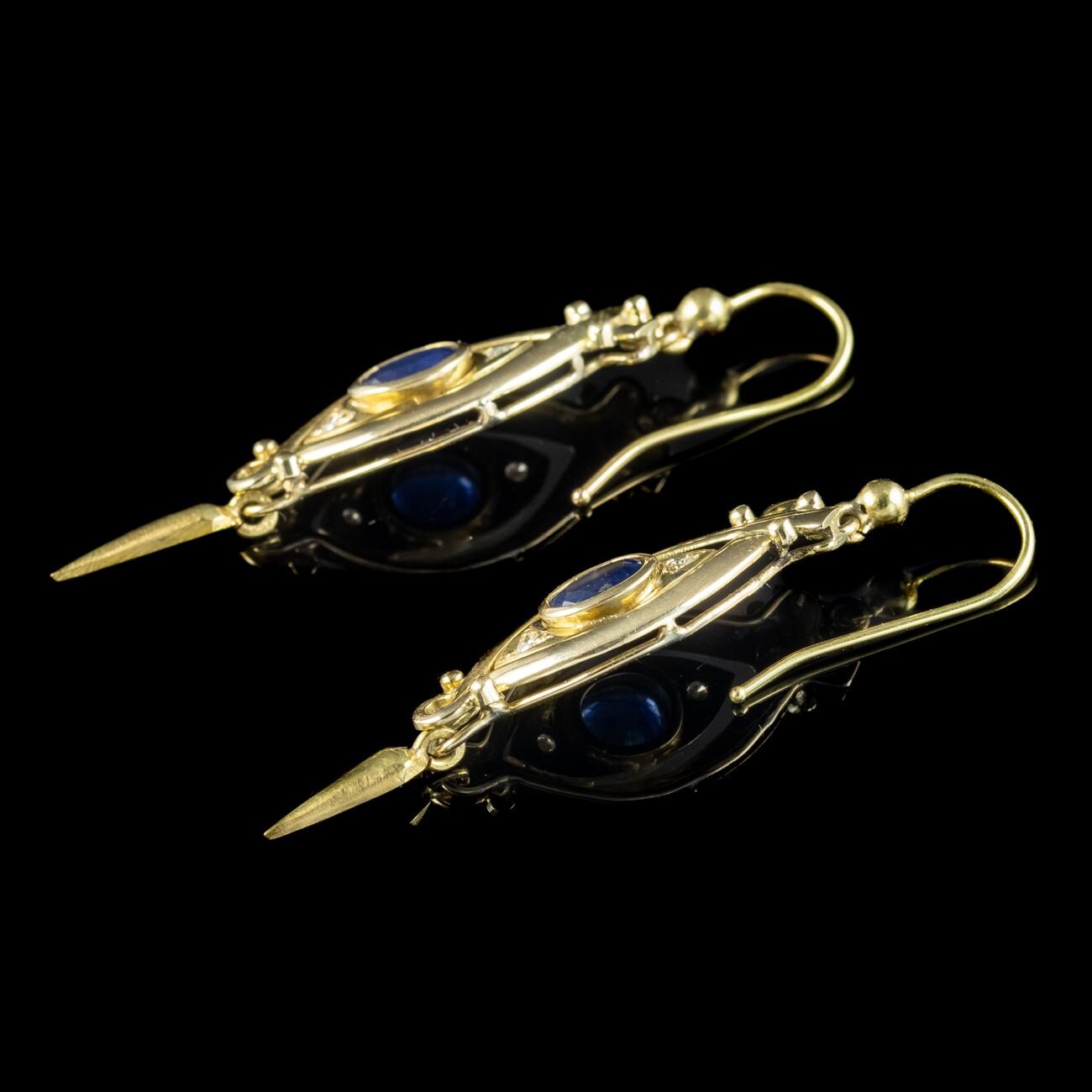Orecchini Pendenti In Oro Giallo 18kt Con Zaffiri Blu E Diamanti - Stile Antico