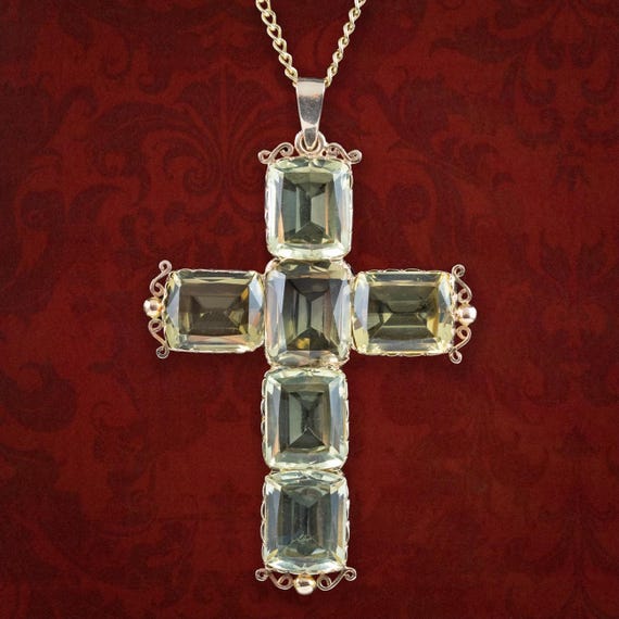 Antique Victorian Citrine Cross Pendant And Chain 15ct Gold