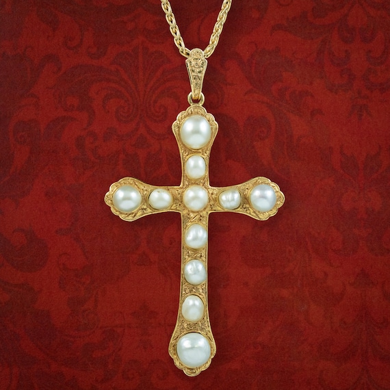 Vintage Natural Baroque Pearl Cross Pendant Necklace 18ct