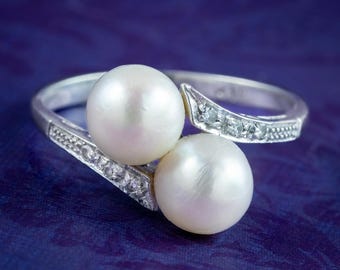 Antique Edwardian Pearl Toi Et Moi Diamond Twist Ring