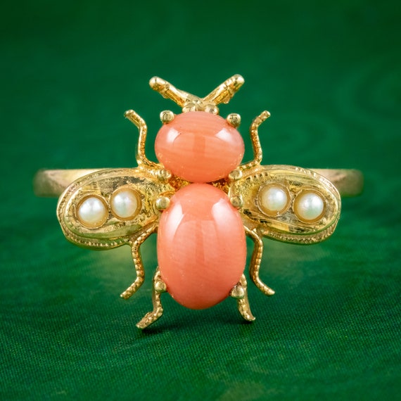 Coral Pearl Bee Ring 18ct Gold On Silver