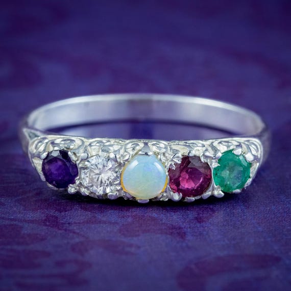 Victorian Style Acrostic Gemstone Ring Silver Spells Adore