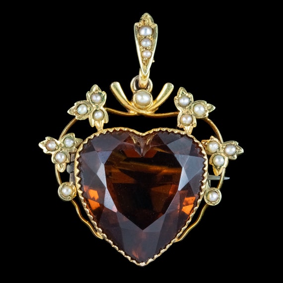 Antique Victorian Smoky Quartz Pearl Heart Pendan… - image 2