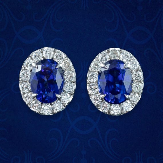 Edwardian Style Sapphire Diamond Cluster Stud Earrings 18ct Gold 3.59ct Sapphire