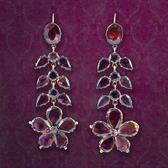 Antique Georgian Garnet Pansy Drop Earrings 18ct Gold