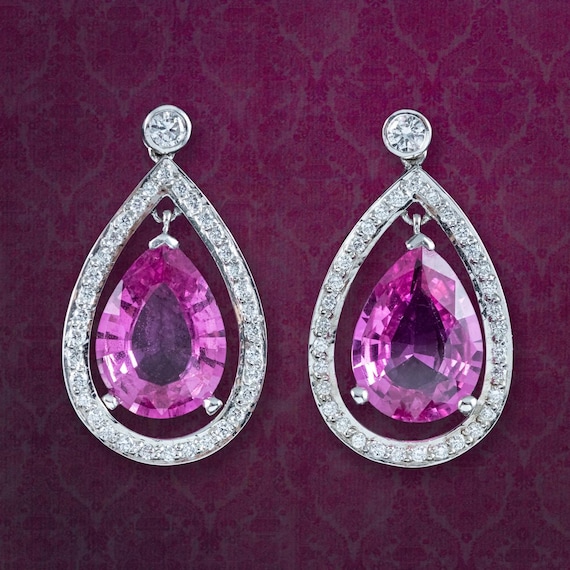 Vintage Pink Sapphire Diamond Teardrop Earrings 18ct Gold 8ct Sapphire