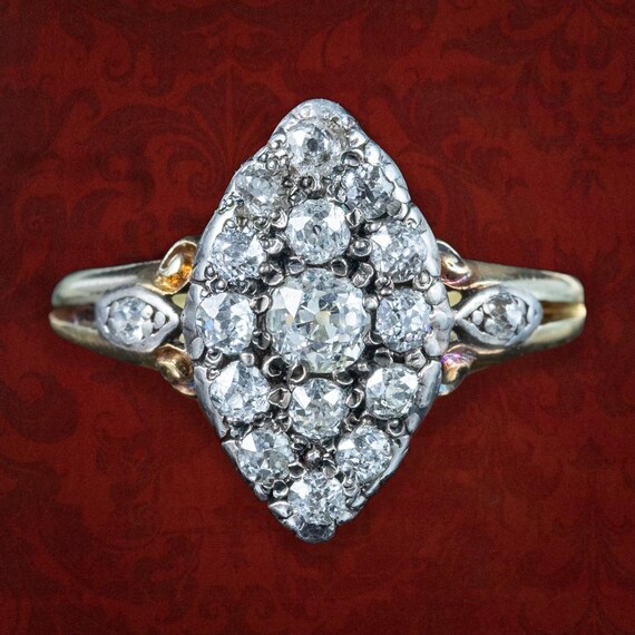 Antique Victorian Diamond Navette Cluster Ring 1ct Total