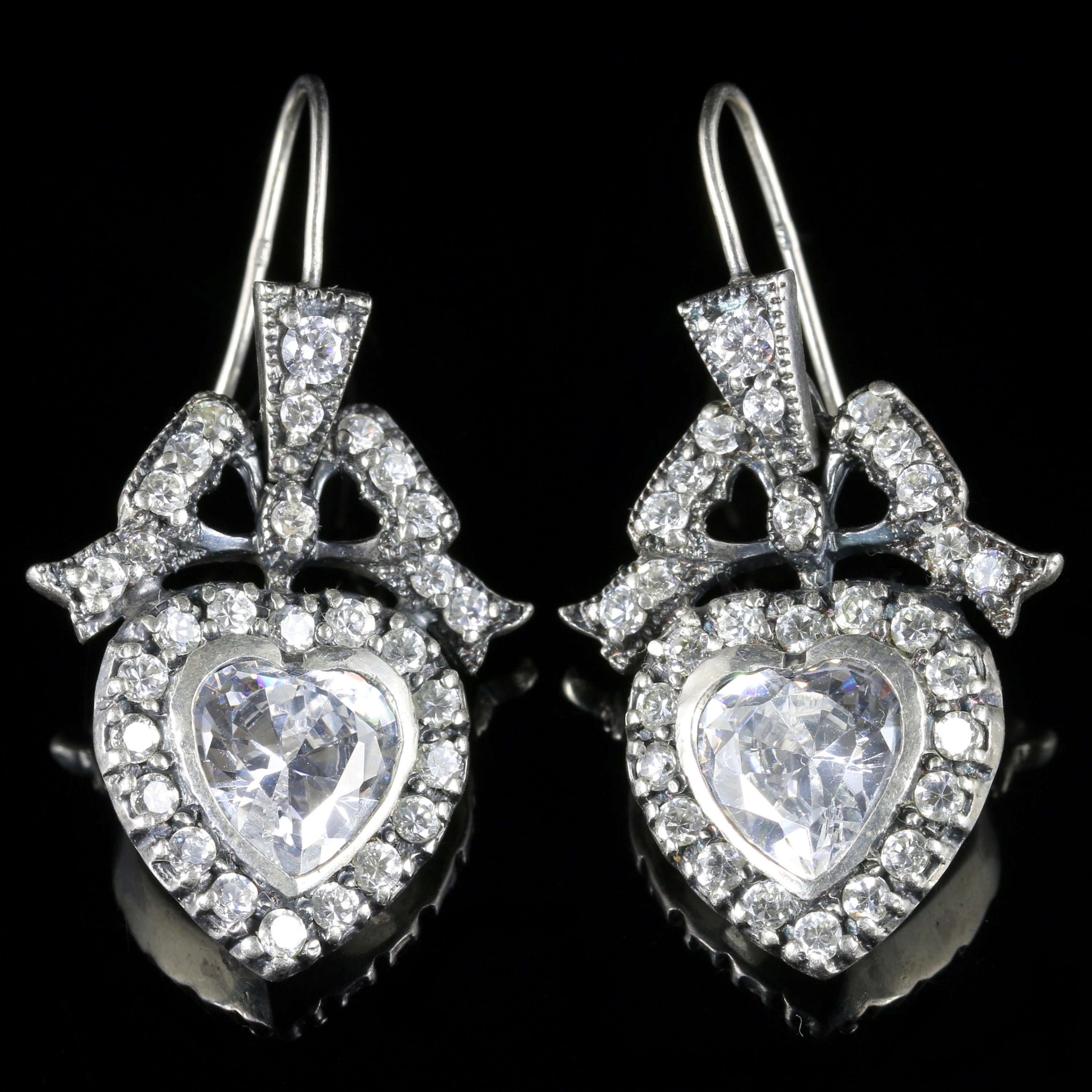 Edwardian Style Cz Heart Earrings Sterling Silver