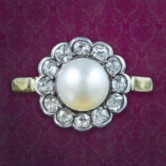 Antique Victorian French Pearl Diamond Daisy Cluster Ring