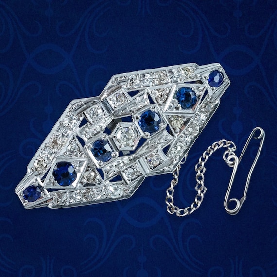 Art Deco Sapphire Diamond Brooch 18ct Gold