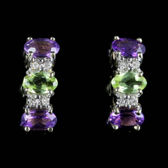Suffragette Earrings Amethyst Peridot Diamond 9ct