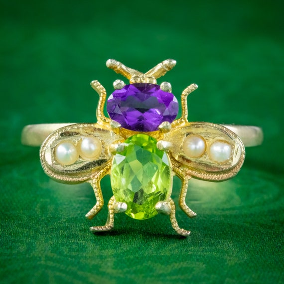Suffragette Bee Ring Peridot Amethyst Pearl Silver 18ct Gold