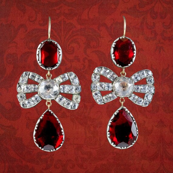 Flat Cut Garnet Paste Bow Earrings Silver Gold Wires