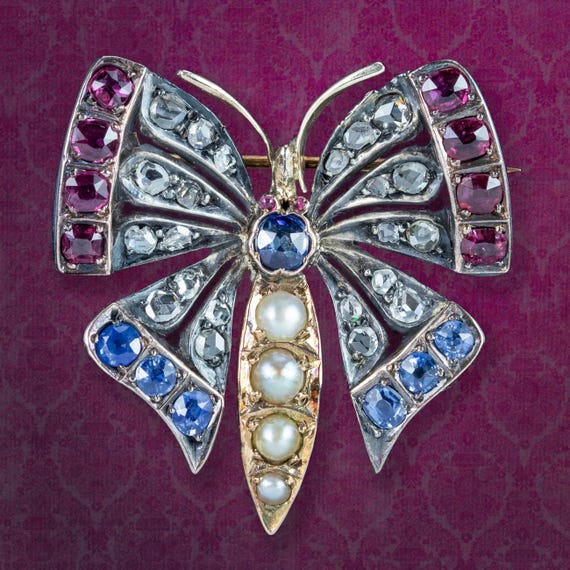 Antique Victorian Butterfly Brooch Diamond Pearl Ruby Sapphire