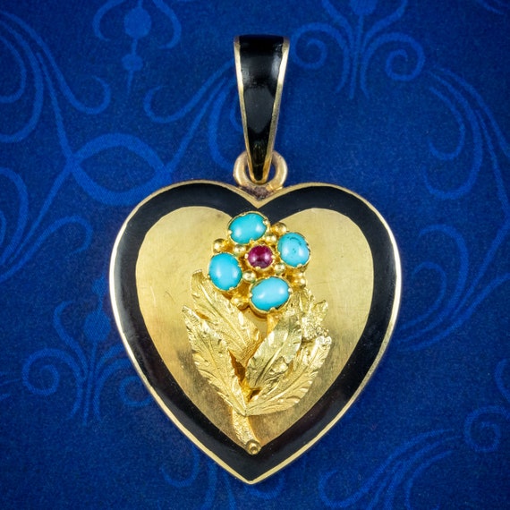 Antique Victorian Heart Locket Turquoise Ruby Forget Me Not 18ct Gold