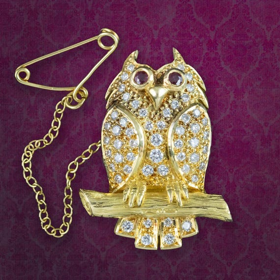 Diamond Ruby Owl Brooch 18ct Gold