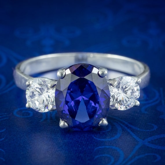 Victorian Style CZ Tanzanite Trilogy Ring Silver