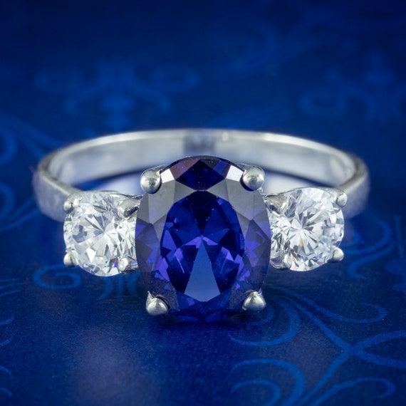 Victorian Style CZ Tanzanite Trilogy Ring Silver