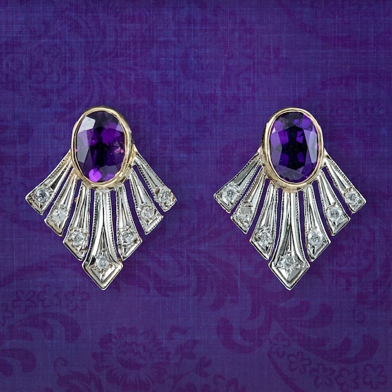 Art Deco Style Amethyst Diamond Fan Earrings Silver 9ct Gold