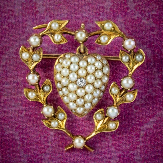 Antique Victorian Pearl Diamond Heart Brooch 15ct… - image 1