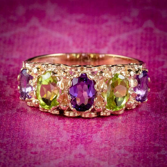 Amethyst Peridot Suffragette Ring 9ct Yellow Gold
