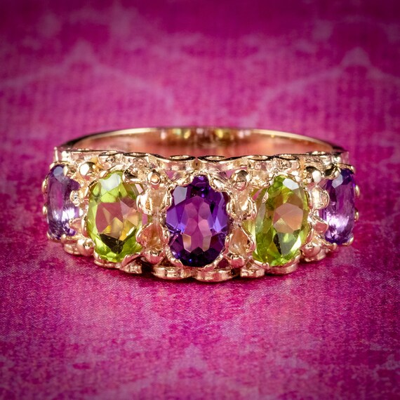 Suffragette Style Amethyst Peridot Ring 9ct Yellow Gold