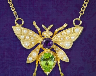 Edwardian Style Suffragette Bee Necklace Peridot Pearl Amethyst