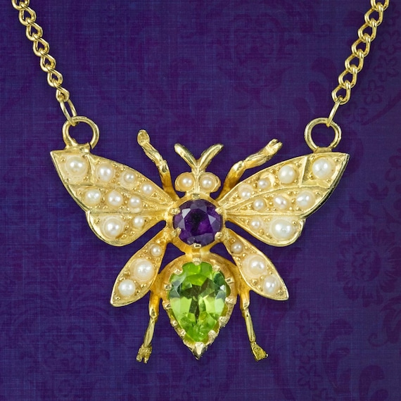 Edwardian Style Suffragette Bee Necklace Peridot Pearl Amethyst