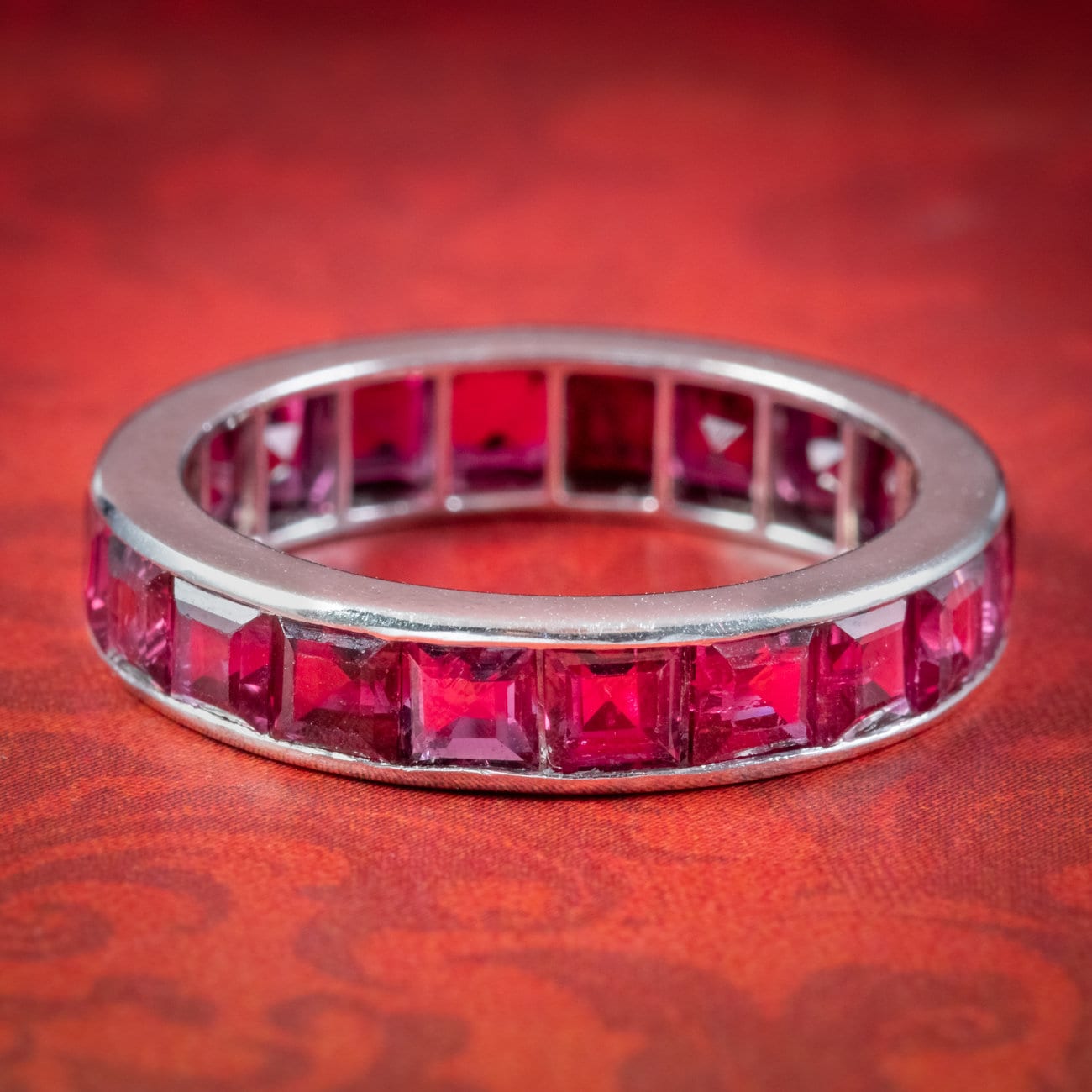 Art Deco Ruby & Diamond Band 18ct White Gold Jewellery Rings Multi-Stone Rings 