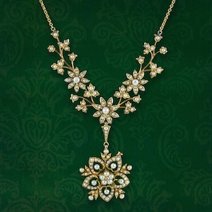 Collar antiguo victoriano con colgante de solapa con flor de perla, oro de 15 quilates