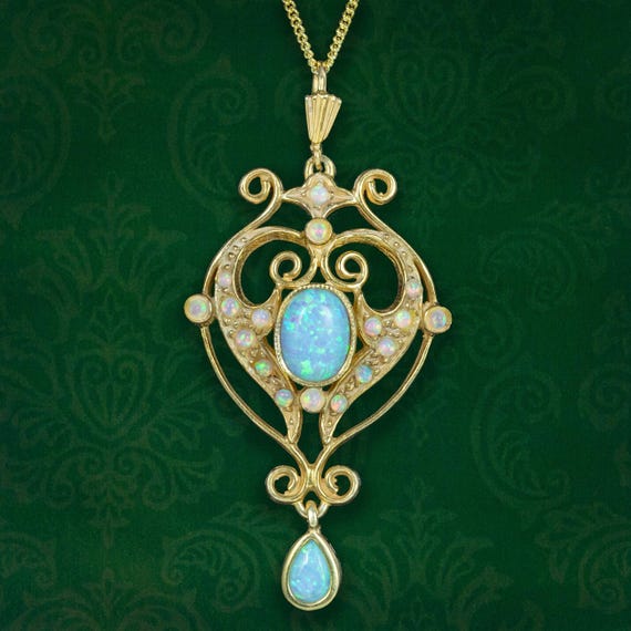 Victorian Style Opal Pendant Necklace Silver 18ct Gold Gilt