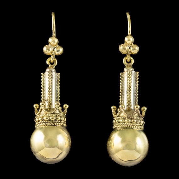 Antique Victorian Ball And Crown Drop Earrings 15… - image 2