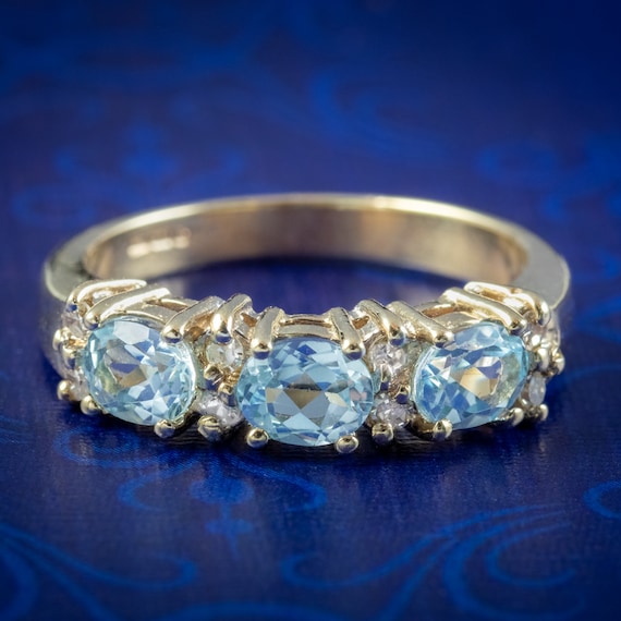Blue Topaz Diamond Trilogy Ring 9ct Gold