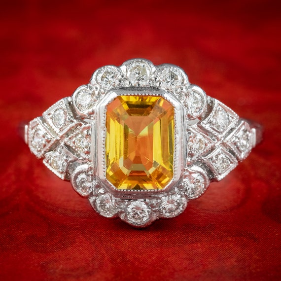 Art Deco Style Yellow Sapphire Diamond Ring 1.2ct Sapphire