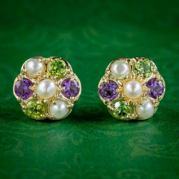 Edwardian Suffragette Style Cluster Stud Earrings 9ct Gold