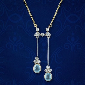 Antique Art Deco Aquamarine Diamond Negligee Necklace 15ct Gold