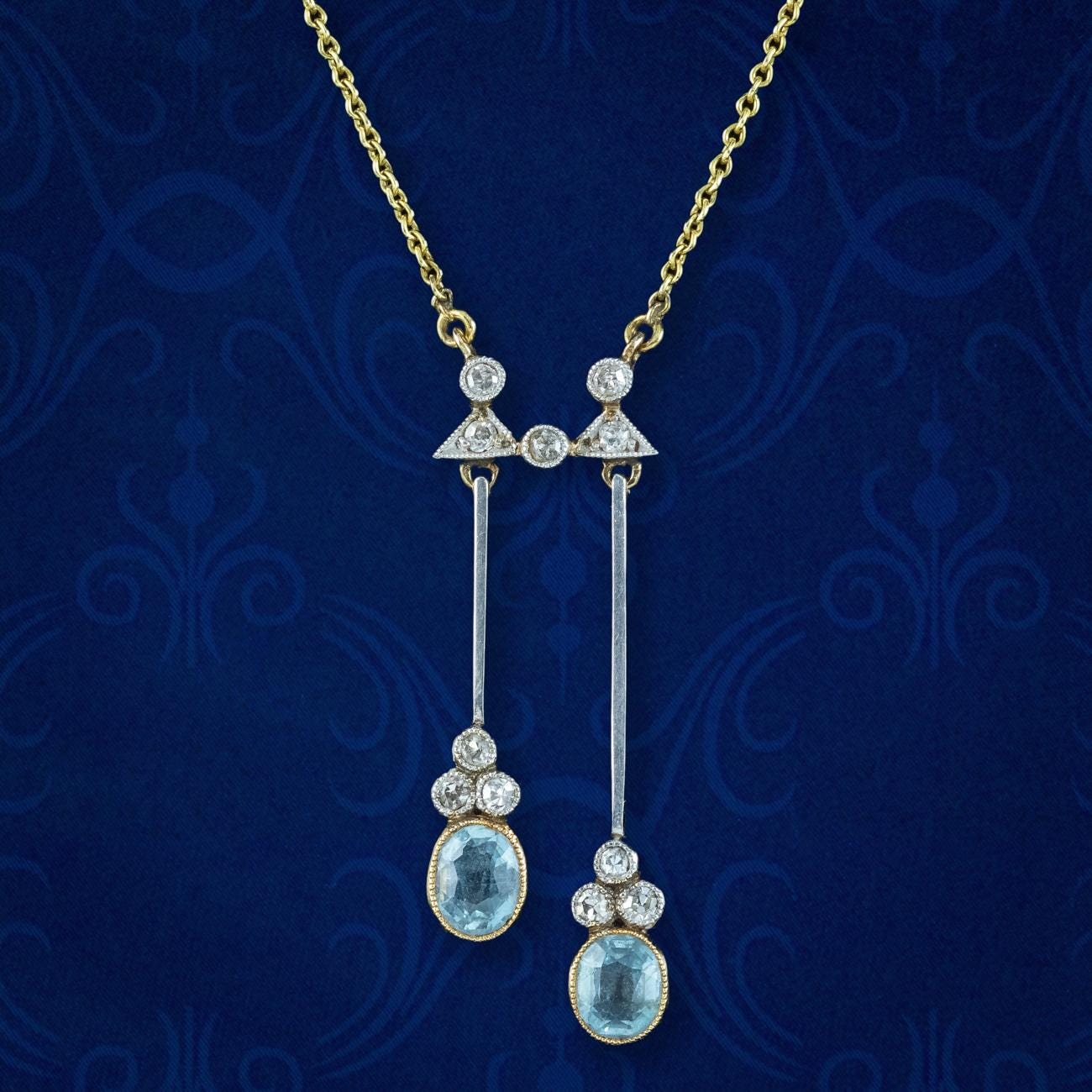 Antique Art Deco Aquamarine Diamond Negligee Necklace 15ct Gold