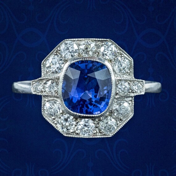 Art Deco Style Sapphire Diamond Cluster Ring 1.4ct Sapphire