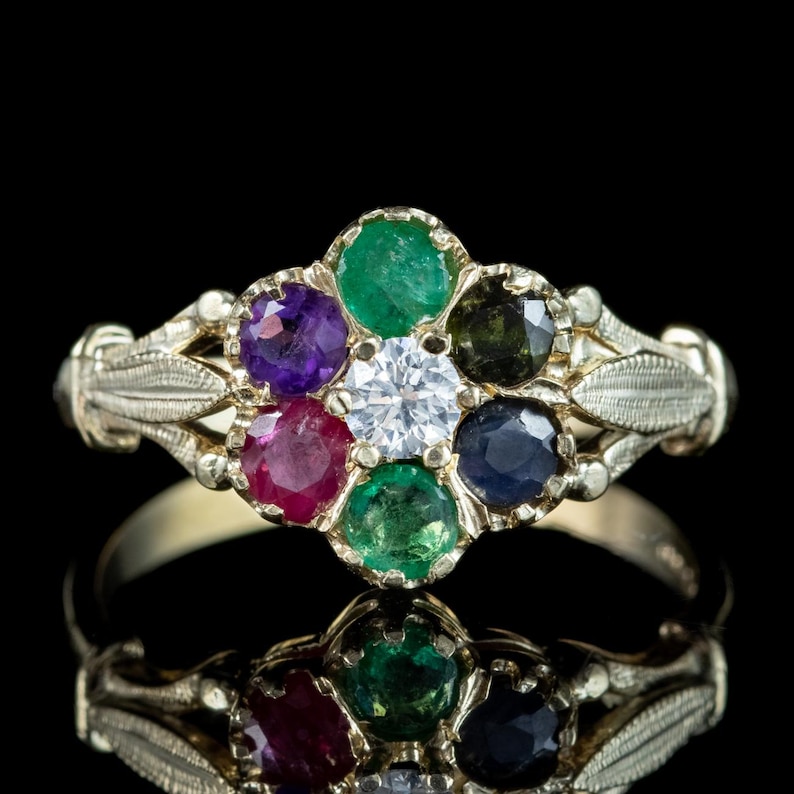 Victorian Style Acrostic Gemstone Cluster Ring Spells Dearest 9ct Gold image 2
