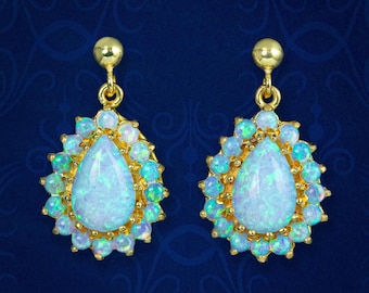 Victorian Style Opal Cluster Drop Earrings Silver 18ct Gold Gilt