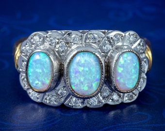 Edwardian Style Opal Cluster Ring Silver 18ct Gold Gilt