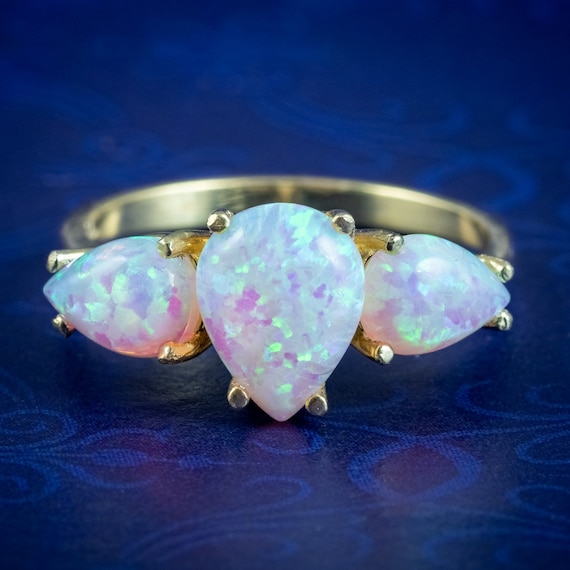 Pear Cut Opal Trilogy Ring Silver 18ct Gold Gilt 3.5ct Opals
