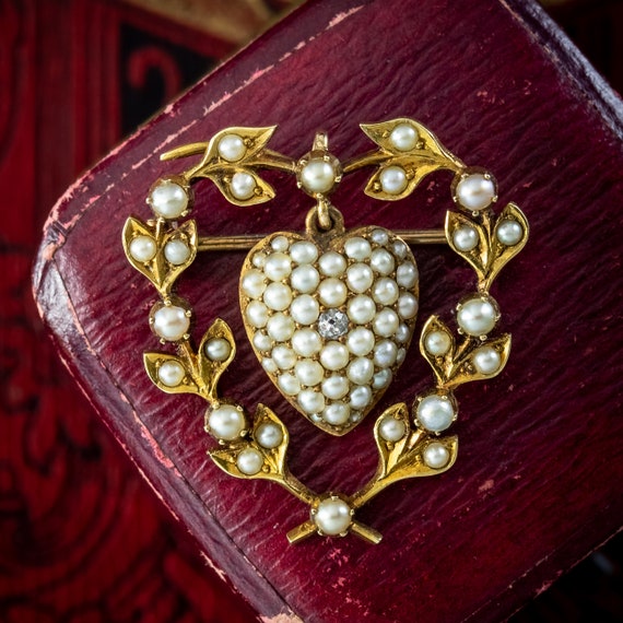 Antique Victorian Pearl Diamond Heart Brooch 15ct… - image 7