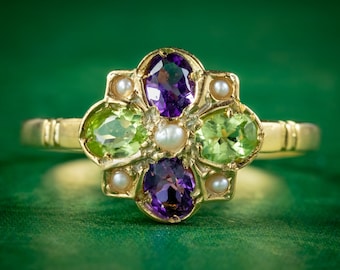 Edwardian Suffragette Style Cluster Ring Pearl Peridot Amethyst