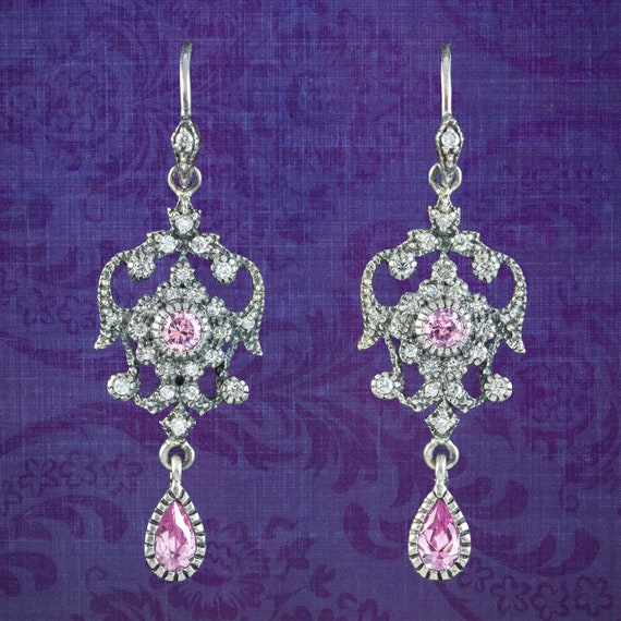 Edwardian Style Pink Cubic Zirconia Drop Earrings Silver