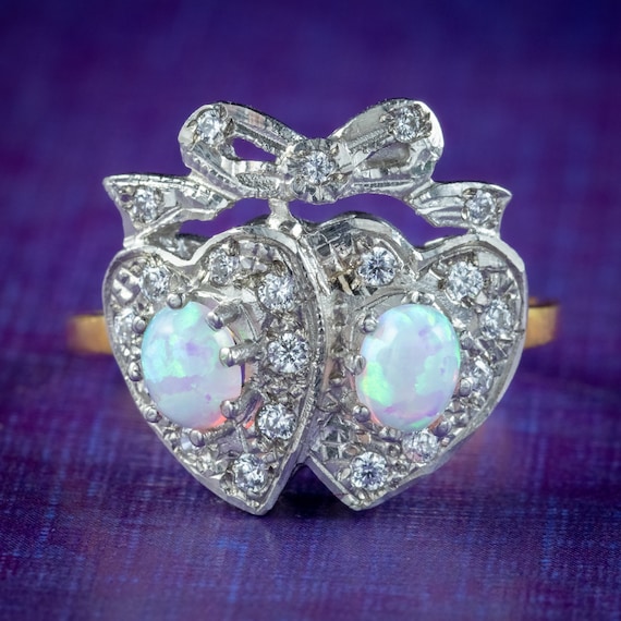 Edwardian Style Opal Cz Double Heart Ring